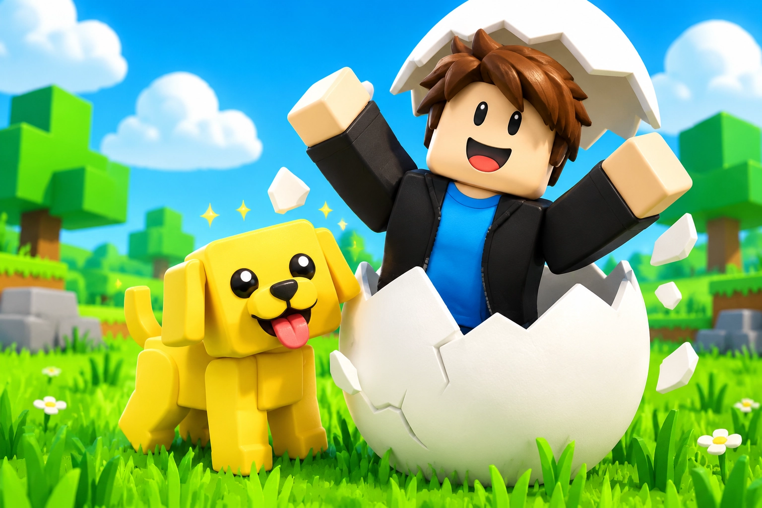 A blocky character bursts from a cracked egg beside a yellow dog on green grass