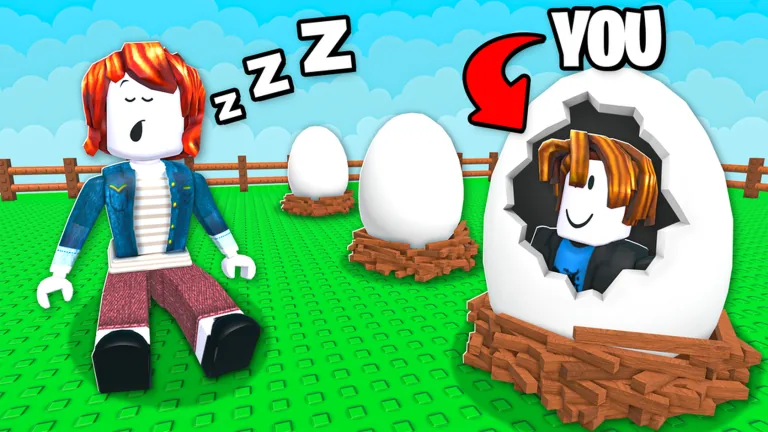 Official thumbnail of a player disguised as an egg next to a sleeping avatar
